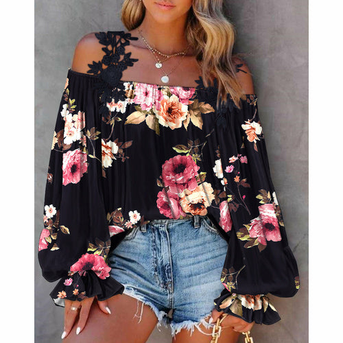 Floral Print Lace Patch Cold Shoulder Top