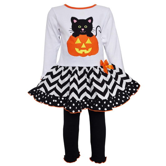 AnnLoren Girls' Halloween Pumpkin and Kitten Knit Dress Set